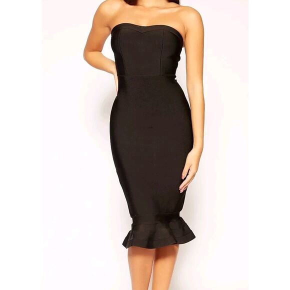 HOUSE OF CB Fabrizia size XS bandage Strapless Fluted Hem Dress Black A000151